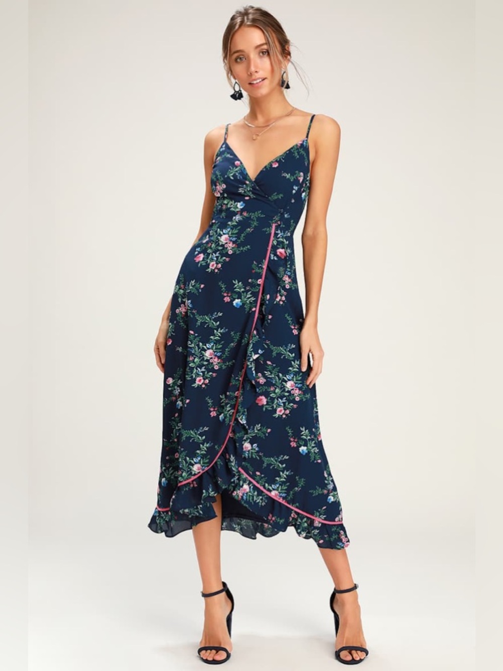 NWT Lulus Darling Date Navy Blue Floral Print Ruffled Wrap Midi Dress